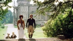 Lizzy and Mr. Darcy walking near Pemberley's main hall (Lyme Hall).